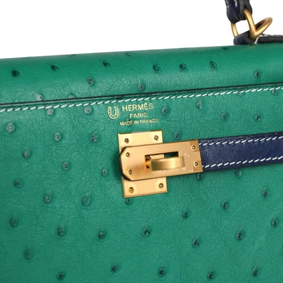 Hermes Special Order (HSS) Kelly Sellier 25 Vert Vertigo and Bleu Iris Ostrich Brushed Gold Hardware Hermes Special Order (HSS) Kelly Sellier 25 Vert Vertigo and Bleu Iris Ostrich Brushed Gold Hardware