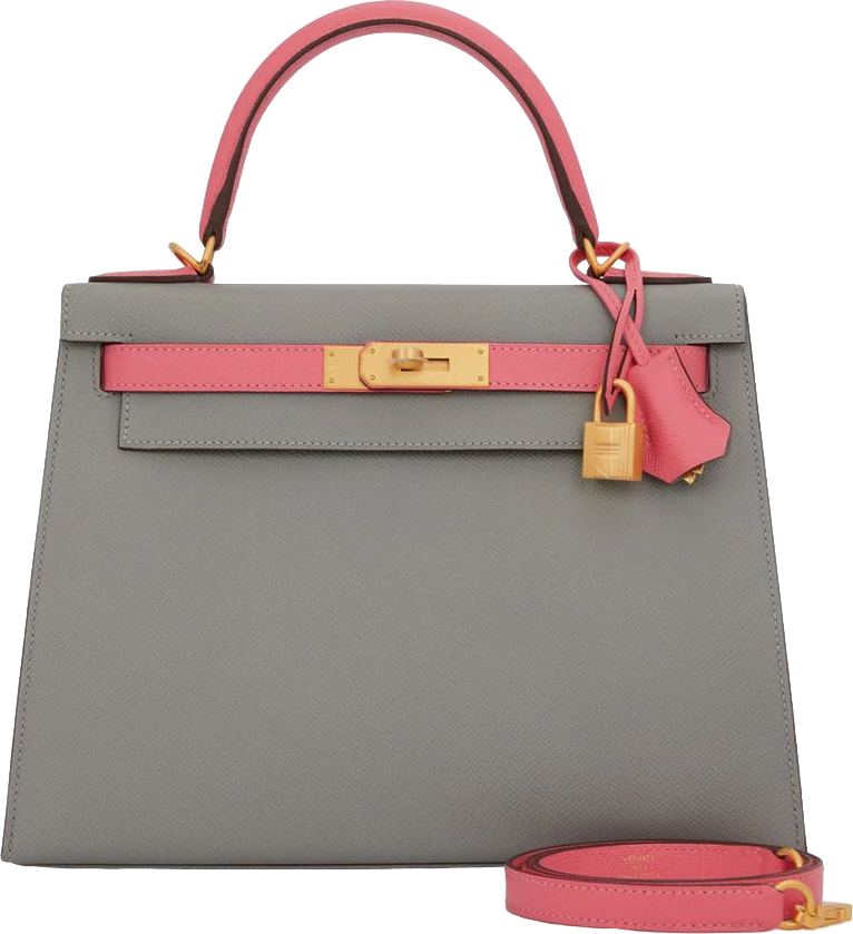Hermes Special Order (HSS) Kelly Sellier 28 Gris Mouette and Rose Azalee Epsom Brushed Gold Hardware