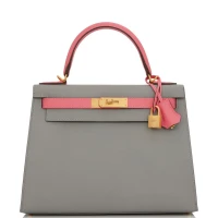 Hermes Special Order (HSS) Kelly Sellier 28 Gris Mouette and Rose Azalee Epsom Brushed Gold Hardware Hermes Special Order (HSS) Kelly Sellier 28 Gris Mouette and Rose Azalee Epsom Brushed Gold Hardware