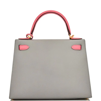 Hermes Special Order (HSS) Kelly Sellier 28 Gris Mouette and Rose Azalee Epsom Brushed Gold Hardware Hermes Special Order (HSS) Kelly Sellier 28 Gris Mouette and Rose Azalee Epsom Brushed Gold Hardware