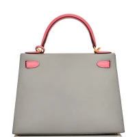 Hermes Special Order (HSS) Kelly Sellier 28 Gris Mouette and Rose Azalee Epsom Brushed Gold Hardware Hermes Special Order (HSS) Kelly Sellier 28 Gris Mouette and Rose Azalee Epsom Brushed Gold Hardware