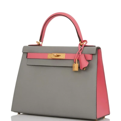 Hermes Special Order (HSS) Kelly Sellier 28 Gris Mouette and Rose Azalee Epsom Brushed Gold Hardware Hermes Special Order (HSS) Kelly Sellier 28 Gris Mouette and Rose Azalee Epsom Brushed Gold Hardware