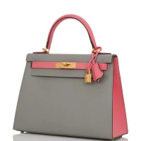 Hermes Special Order (HSS) Kelly Sellier 28 Gris Mouette and Rose Azalee Epsom Brushed Gold Hardware Hermes Special Order (HSS) Kelly Sellier 28 Gris Mouette and Rose Azalee Epsom Brushed Gold Hardware