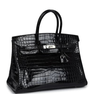 Vintage Hermes Birkin 35 Black Shiny Porosus Crocodile Palladium Hardware Vintage Hermes Birkin 35 Black Shiny Porosus Crocodile Palladium Hardware