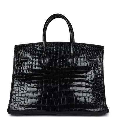 Vintage Hermes Birkin 35 Black Shiny Porosus Crocodile Palladium Hardware Vintage Hermes Birkin 35 Black Shiny Porosus Crocodile Palladium Hardware