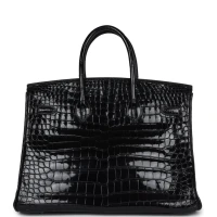 Vintage Hermes Birkin 35 Black Shiny Porosus Crocodile Palladium Hardware Vintage Hermes Birkin 35 Black Shiny Porosus Crocodile Palladium Hardware
