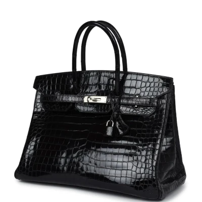 Vintage Hermes Birkin 35 Black Shiny Porosus Crocodile Palladium Hardware Vintage Hermes Birkin 35 Black Shiny Porosus Crocodile Palladium Hardware