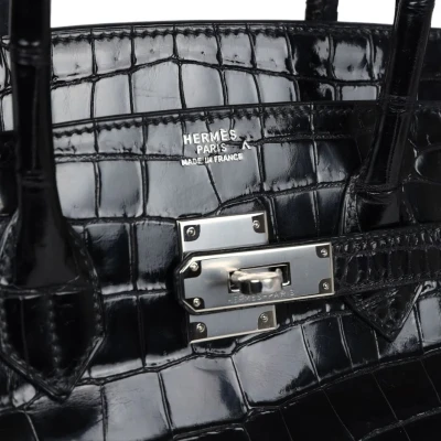 Vintage Hermes Birkin 35 Black Shiny Porosus Crocodile Palladium Hardware Vintage Hermes Birkin 35 Black Shiny Porosus Crocodile Palladium Hardware