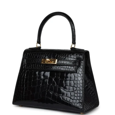 Vintage Hermes Kelly Sellier 20 Black Shiny Alligator Gold Hardware Vintage Hermes Kelly Sellier 20 Black Shiny Alligator Gold Hardware
