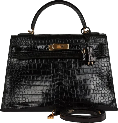 Vintage Hermes Kelly Sellier 32 Black Shiny Porosus Crocodile Gold Hardware Vintage Hermes Kelly Sellier 32 Black Shiny Porosus Crocodile Gold Hardware
