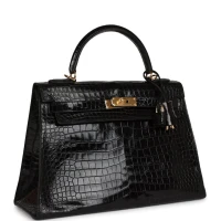 Vintage Hermes Kelly Sellier 32 Black Shiny Porosus Crocodile Gold Hardware Vintage Hermes Kelly Sellier 32 Black Shiny Porosus Crocodile Gold Hardware