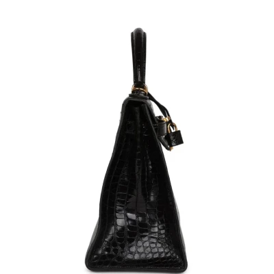 Vintage Hermes Kelly Sellier 32 Black Shiny Porosus Crocodile Gold Hardware Vintage Hermes Kelly Sellier 32 Black Shiny Porosus Crocodile Gold Hardware