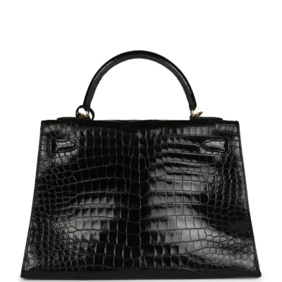 Vintage Hermes Kelly Sellier 32 Black Shiny Porosus Crocodile Gold Hardware Vintage Hermes Kelly Sellier 32 Black Shiny Porosus Crocodile Gold Hardware