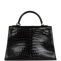 Vintage Hermes Kelly Sellier 32 Black Shiny Porosus Crocodile Gold Hardware Vintage Hermes Kelly Sellier 32 Black Shiny Porosus Crocodile Gold Hardware
