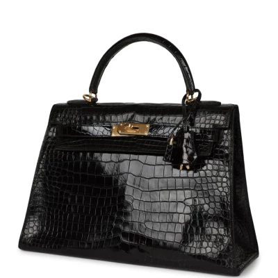 Vintage Hermes Kelly Sellier 32 Black Shiny Porosus Crocodile Gold Hardware Vintage Hermes Kelly Sellier 32 Black Shiny Porosus Crocodile Gold Hardware