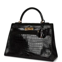 Vintage Hermes Kelly Sellier 32 Black Shiny Porosus Crocodile Gold Hardware Vintage Hermes Kelly Sellier 32 Black Shiny Porosus Crocodile Gold Hardware