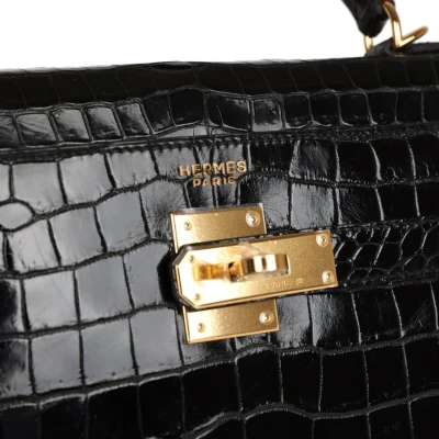 Vintage Hermes Kelly Sellier 32 Black Shiny Porosus Crocodile Gold Hardware Vintage Hermes Kelly Sellier 32 Black Shiny Porosus Crocodile Gold Hardware